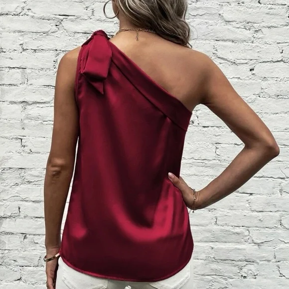 Satin silky one shoulder bow blouse tank top light pink - Picture 9 of 11